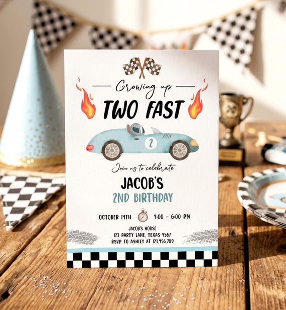 Race Car Birthday Invitation, Two Fast Boy Party, Blue Racing Theme, Editable Printable 0424