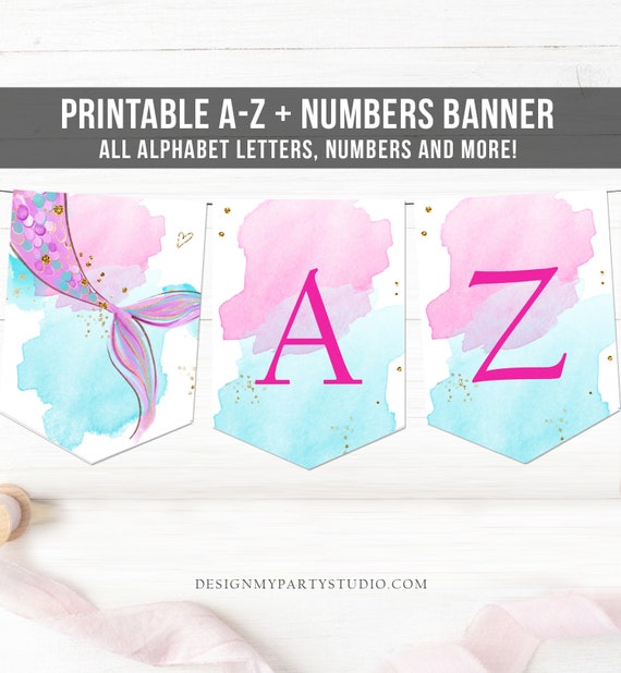 mermaid alphabet banner letters a to z numbers mermaid birthday banner girl pink gold party decor diy baby shower banner diy printable 0403 by design my party studio catch my party