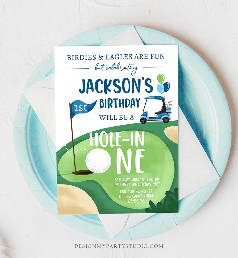 Editable Hole in One Birthday Invitation Golf First Birthday Par-tee Golf Invite Boy Golfing Download Printable Template Digital Corjl 0405 image 2