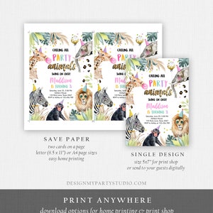 May include: A printable invitation for a child's birthday party. The invitation features a jungle theme with a giraffe, lion, zebra, and monkey. The text on the invitation reads "Calling all party animals! Swing on over! Maddison is turning 3".