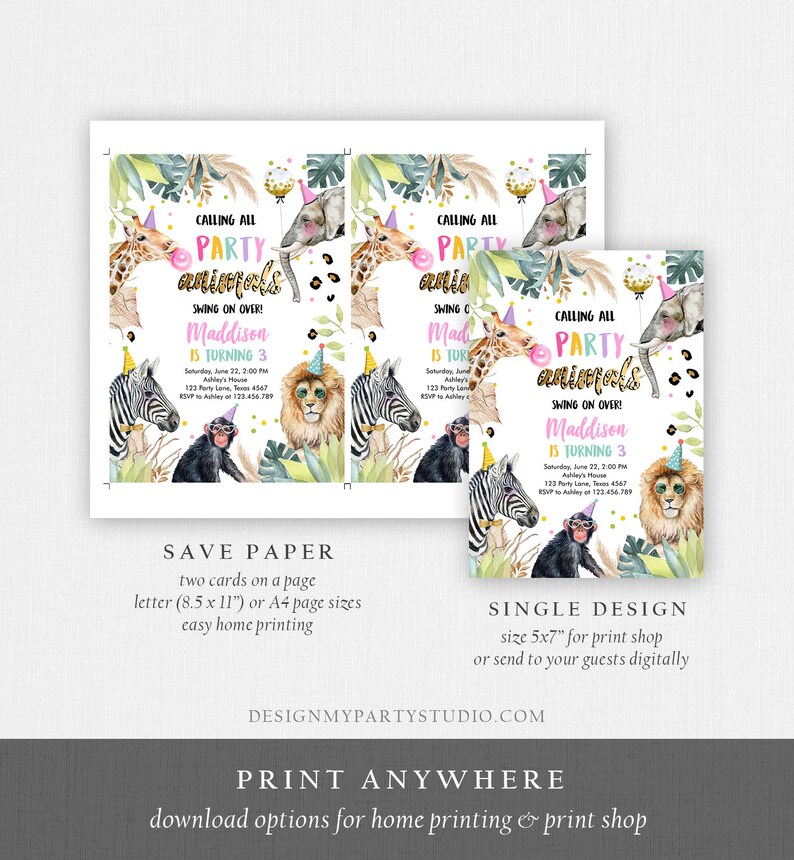 May include: A printable invitation for a child's birthday party. The invitation features a jungle theme with a giraffe, lion, zebra, and monkey. The text on the invitation reads "Calling all party animals! Swing on over! Maddison is turning 3".