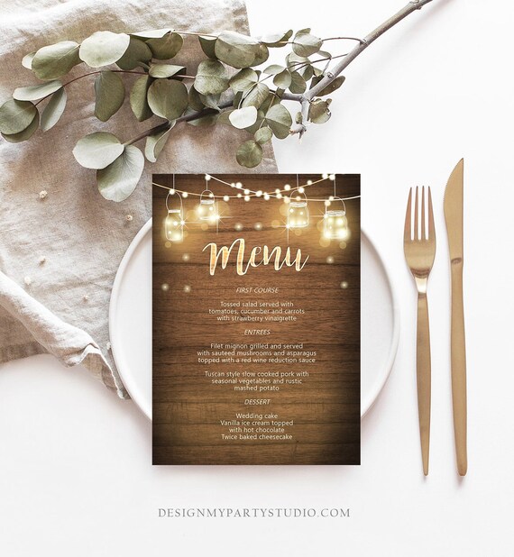 Editable Rustic Menu Card Wedding Shower Birthday Party Outdoor Lights Mason Jars Wood Tea Party Download Corjl Template Printable 0015 Il_570xn