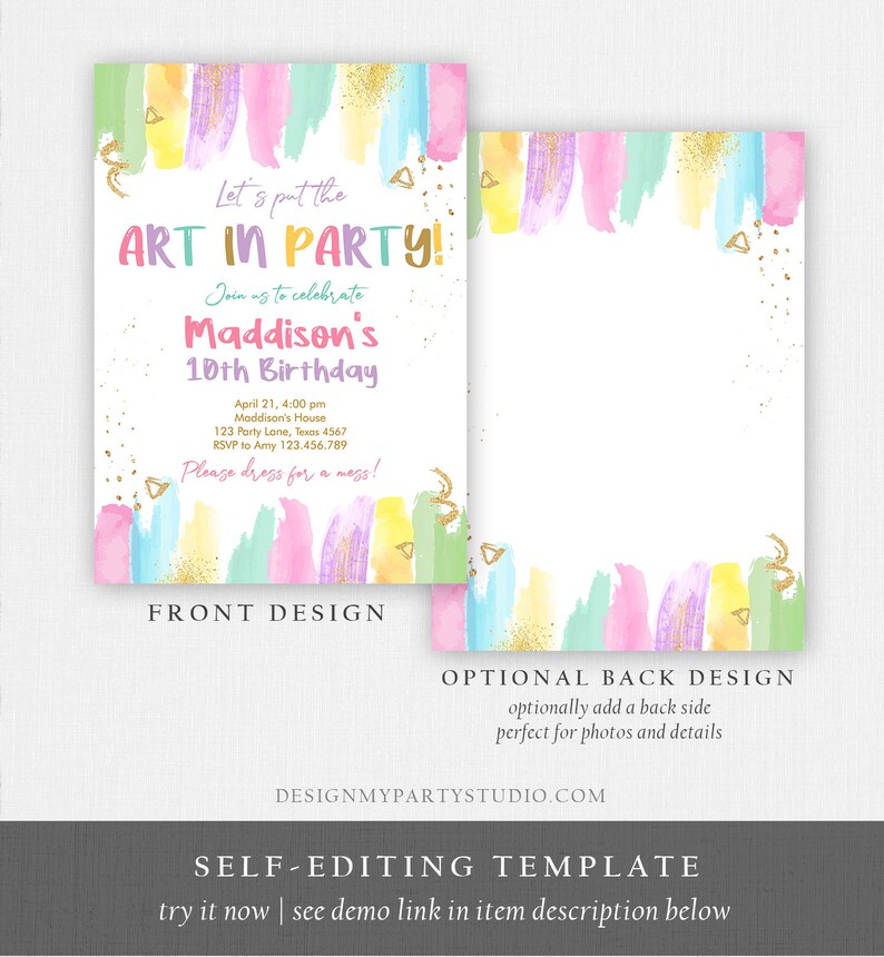 K&ouml;nnte beinhalten: Editierbare Geburtstagseinladung mit einem bunten Aquarellhintergrund und goldenen Glitzerakzenten. Der Text lautet "Let's put the ART IN PARTY!" und enth&auml;lt Details zur 10. Geburtstagsfeier von Maddison.
