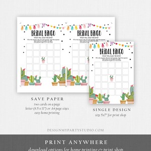 K&ouml;nnte beinhalten: Braut-Bingo-Spielkarten mit Kaktus-Motiv. Die Karten zeigen den Text "Bridal Bingo" und "What will Emily receive?" mit einem Raster zum Markieren von Vermutungen. Das Design umfasst farbenfrohe Kaktus-Illustrationen und dekorative Lichterketten.
