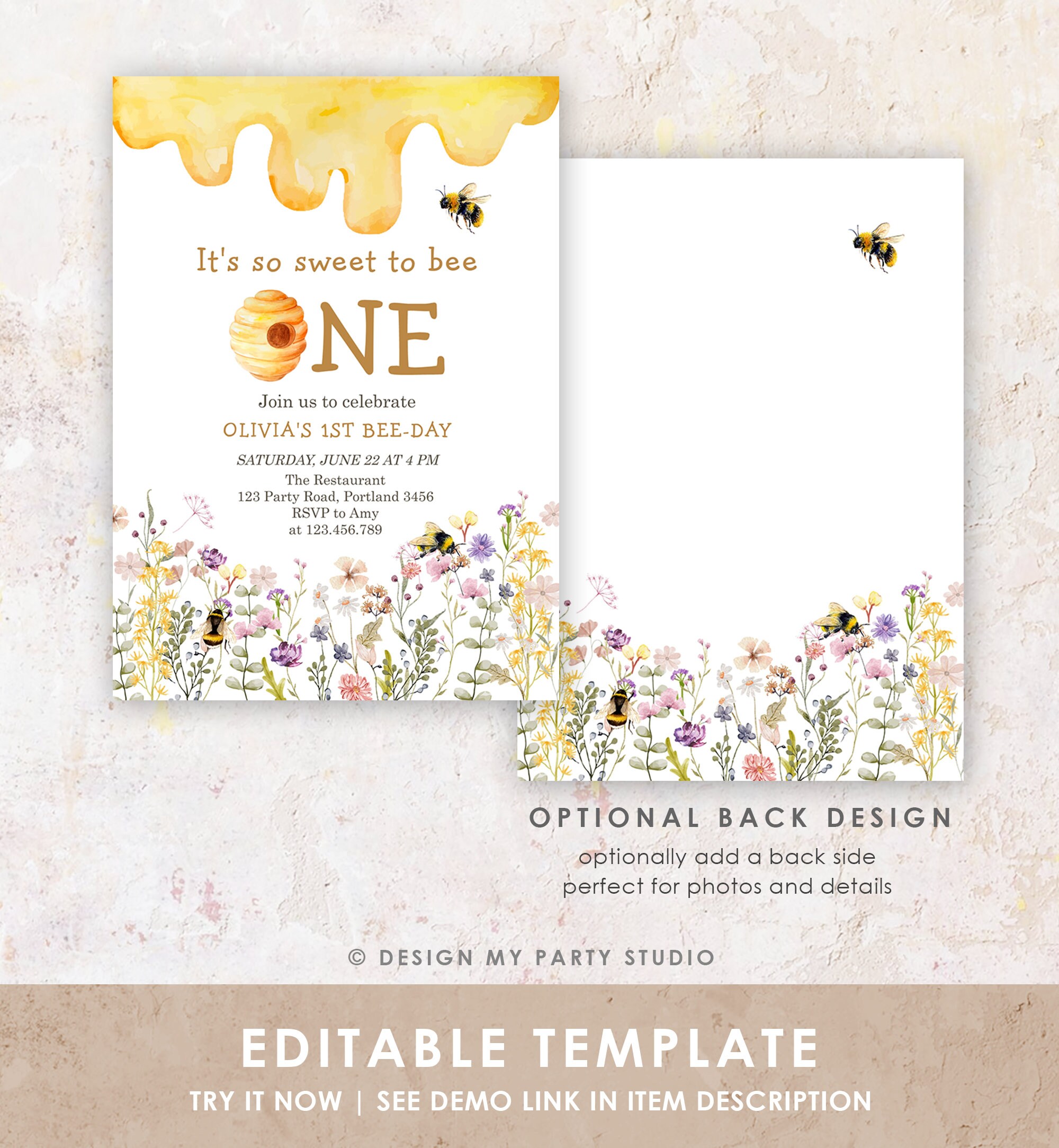 Editable Sweet to Bee One Invitation First Bee-day Party 1st Bee Day ...