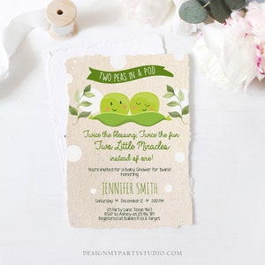 May include: A baby shower invitation with a green pea pod design. The text reads "Two Peas in a Pod" and "Twice the blessing, Twice the fun Two Little Miracles instead of one!" The invitation is for Jennifer Smith on December 12th at 2:00 PM. The address is 123 Party Lane, Texas 4567. RSVP to Ashley at 123.456.789. Registered at Babies R Us & Target.