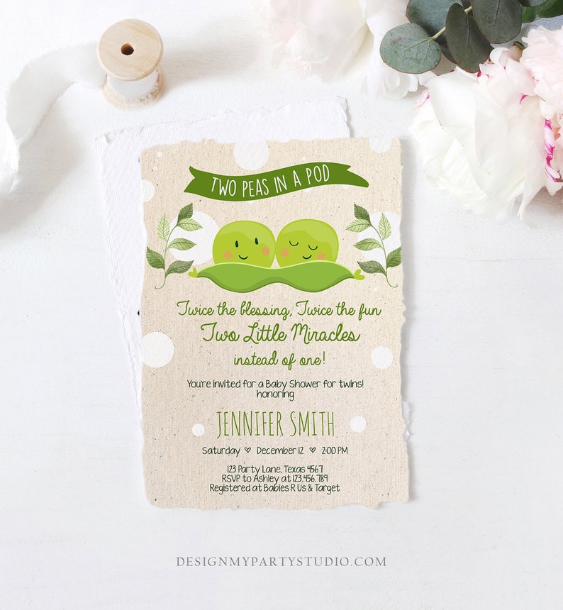 May include: A baby shower invitation with a green pea pod design. The text reads "Two Peas in a Pod" and "Twice the blessing, Twice the fun Two Little Miracles instead of one!" The invitation is for Jennifer Smith on December 12th at 2:00 PM. The address is 123 Party Lane, Texas 4567. RSVP to Ashley at 123.456.789. Registered at Babies R Us & Target.