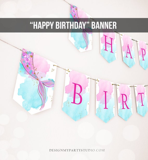 Mermaid Happy Birthday Banner Mermaid Birthday Decor Gold Pink Purple Under The Sea Party Mermaid Tail Decor Instant Download Printable 0403 Il_570xn