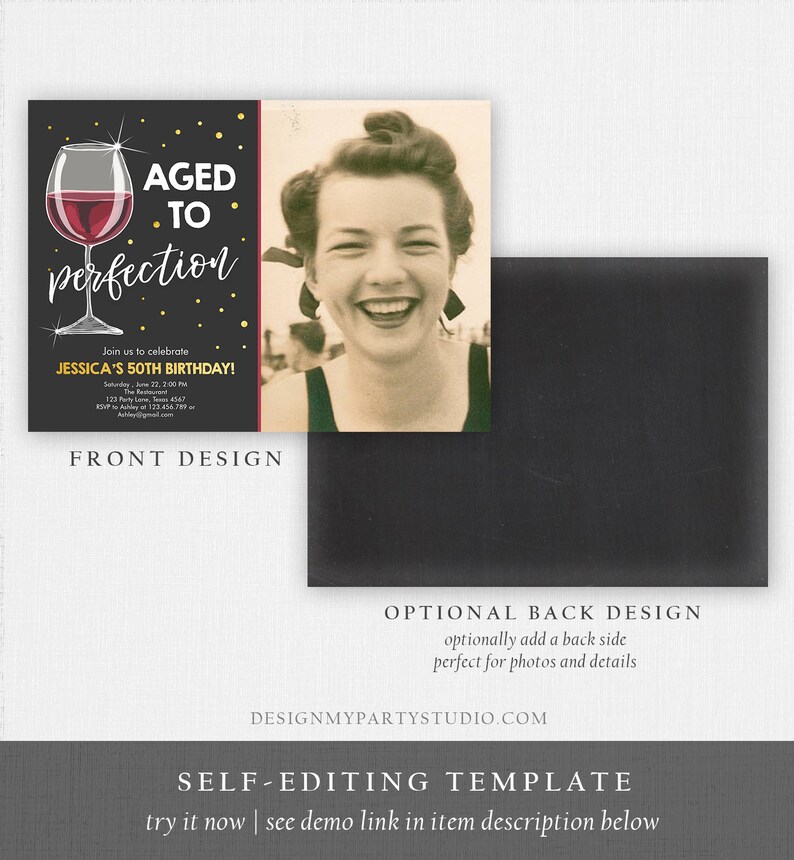 Editable Aged to Perfection Birthday Invitation Wine Adult Birthday Invite Rustic Surprise Download Printable Invitation Template Corjl 0252 image 4