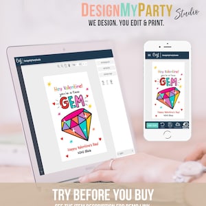 May include: A digital design template for a Valentine's Day card featuring a colourful diamond with the text "Hey Valentine! You're a true GEM" and "Happy Valentine's Day! XOXO Olivia".