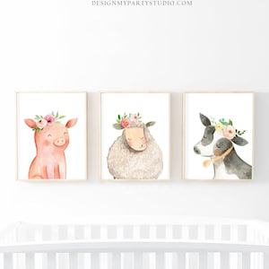 Farm Animals Prints Nursery Art Cow Pig Sheep Floral Farm Animals Watercolor Girls Wall Art Baby Shower Gift Farm Decor PRINTABLE 0155