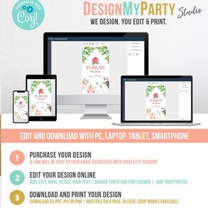 May include: A digital design template for a thank you card with a farm animal theme. The card features a red barn, a pig, a chicken, and a cow. The text on the card says "Thank You for Coming". The design is available for purchase and can be edited online.