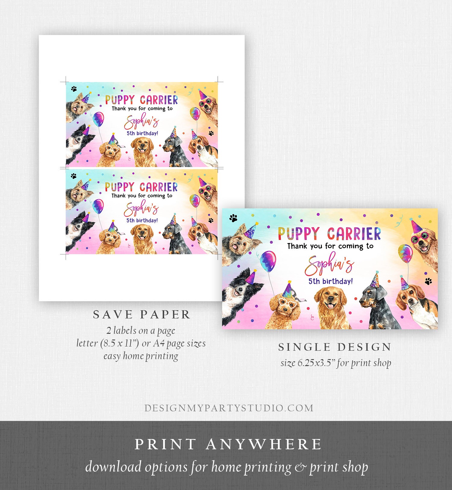 Editable Puppy Carrier Box Favor Label Puppy Birthday Favor Box Label ...