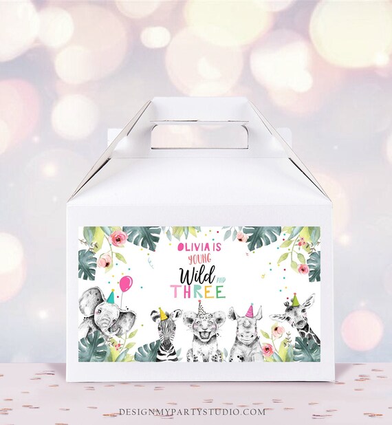 Editable Party Animals Gable Safari Animals 3rd Birthday Gift Box Labels Watercolor Young Wild and Three Download Printable Corjl 0322 Il_570xn