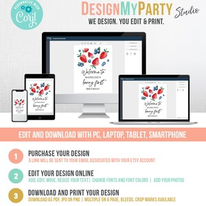 May include: A digital mockup of a computer screen showing a design template for a birthday party invitation. The template features a watercolor illustration of strawberries and blueberries with the text "Welcome to Madeline's Berry First Birthday". The image also shows a step-by-step guide for purchasing, editing, and downloading the design.