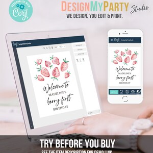 May include: A digital design template for a birthday party invitation. The design features a watercolor illustration of strawberries and the text "Welcome to Madeline's berry first birthday".