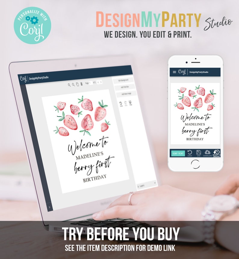 May include: A digital design template for a birthday party invitation. The design features a watercolor illustration of strawberries and the text "Welcome to Madeline's berry first birthday".