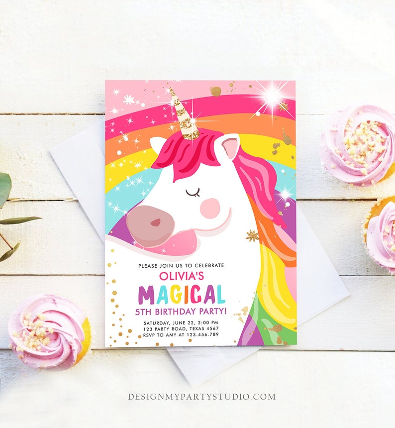 Editable Unicorn Birthday Invitation Magical Unicorn Party Girl Pink Gold Unicorn Invite Rainbow Printable Corjl Template Digital 0323 image 1