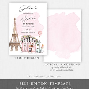 Pu&ograve; includere: Un invito stampabile rosa e bianco con uno sfondo ad acquerello. L'invito presenta una Torre Eiffel di cartone animato, una panetteria rosa e una bicicletta con un cestino di fiori. Il testo sull'invito recita "Oh la la, Unisciti a noi per celebrare il 1&deg; compleanno di Sophie, Sabato 22 giugno, 14:00, The Cafe, 123 Party Lane, Texas 4567, RSVP ad Ashley al 123.456.789".