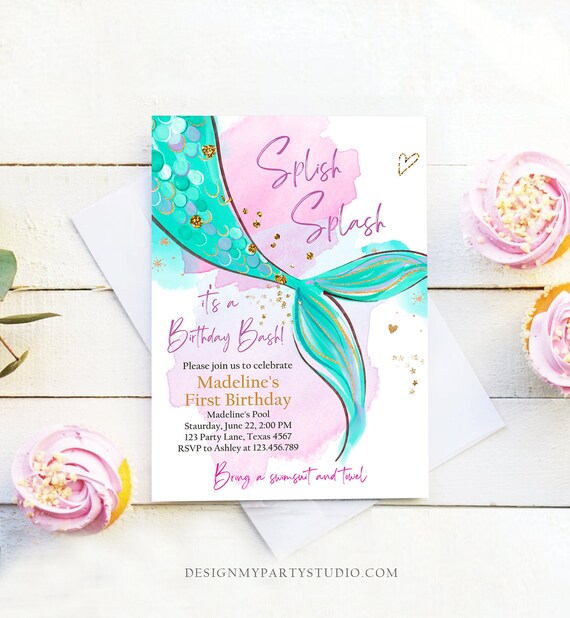 Editable Mermaid Birthday Party Invitation Girl Pink Teal Gold Mermaid Birthday Under The Sea Download Printable Template Corjl 0403 Il_570xn