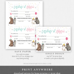 May include: Printable certificate of adoption for a pet. The certificate has a pink and blue design with a cat illustration. The text reads "Certificate of Adoption" and includes spaces to fill in the pet's name, fur color, eye color, and the adopter's name and date.