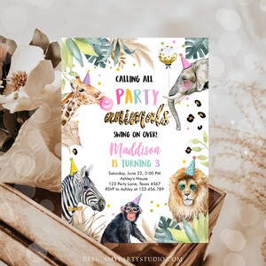 May include: A colorful party invitation with a jungle theme. The invitation features a giraffe, elephant, zebra, lion, and monkey. The text on the invitation reads "Calling all party animals! Swing on over! Maddison is turning 3. Saturday, June 22, 2:00 PM Ashley's House 123 Party Lane, Texas 4567 RSVP to Ashley at 123.456.789 DesignMyPartyStudio.com"