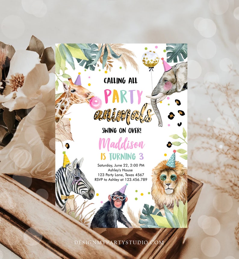 May include: A colorful party invitation with a jungle theme. The invitation features a giraffe, elephant, zebra, lion, and monkey. The text on the invitation reads "Calling all party animals! Swing on over! Maddison is turning 3. Saturday, June 22, 2:00 PM Ashley's House 123 Party Lane, Texas 4567 RSVP to Ashley at 123.456.789 DesignMyPartyStudio.com"