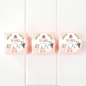 K&ouml;nnte beinhalten: Drei rosa Geschenkboxen mit runden, wei&szlig;en Dankesch&ouml;n-Aufklebern. Die Aufkleber zeigen einen roten Stall, gr&uuml;ne Bl&auml;tter, ein Schwein, ein Schaf, eine Kuh, eine Gans und einen blauen Ballon. Der Text auf den Aufklebern lautet "DANKE Liebe, Mason".