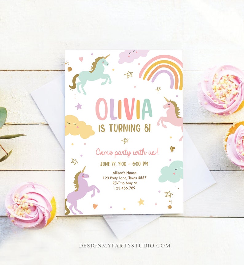 May include: A pink, yellow, and blue unicorn birthday party invitation with a rainbow, clouds, and stars. The invitation says "Olivia is turning 8!" and includes the date, time, and location of the party.