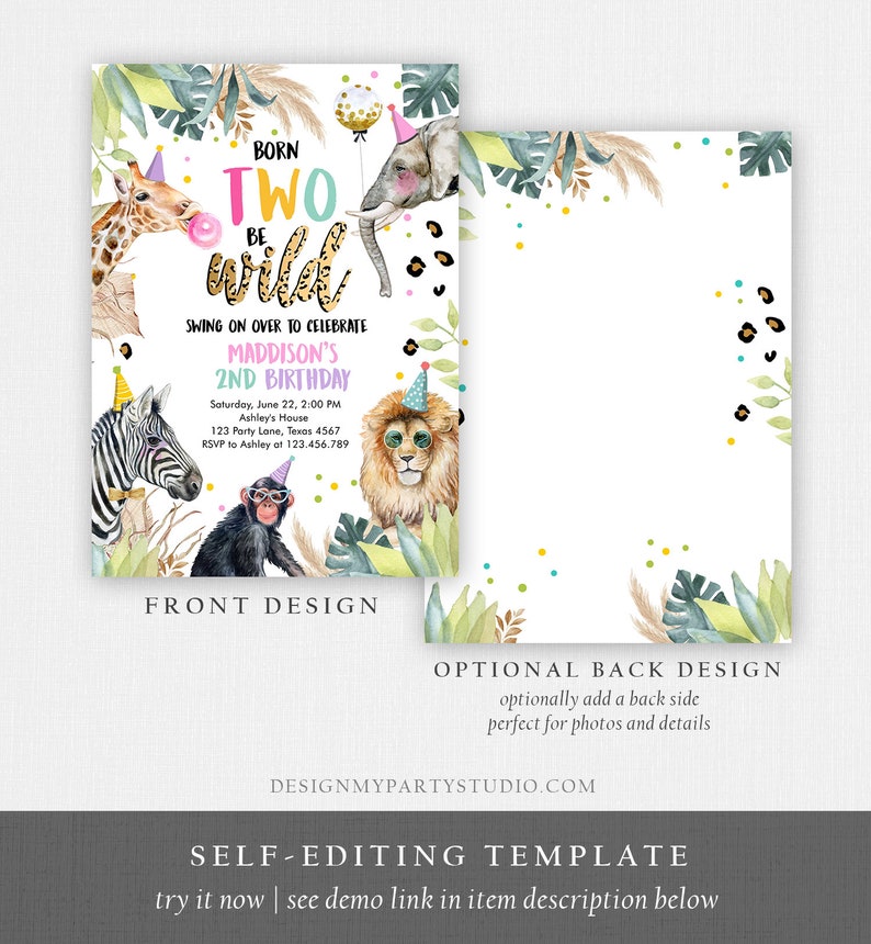 Editable Birthday Invitation Girl Born Two Be Wild Party Animals Invite Safari Zoo Birthday Download Printable Template Digital Corjl 0417 image 7