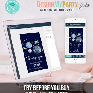 May include: A digital mockup of a thank you card with a space theme. The card features a dark blue background with planets, stars, and a gold glitter design. The text on the card reads "Thank you for making my party a BLAST. Love, Jackson."