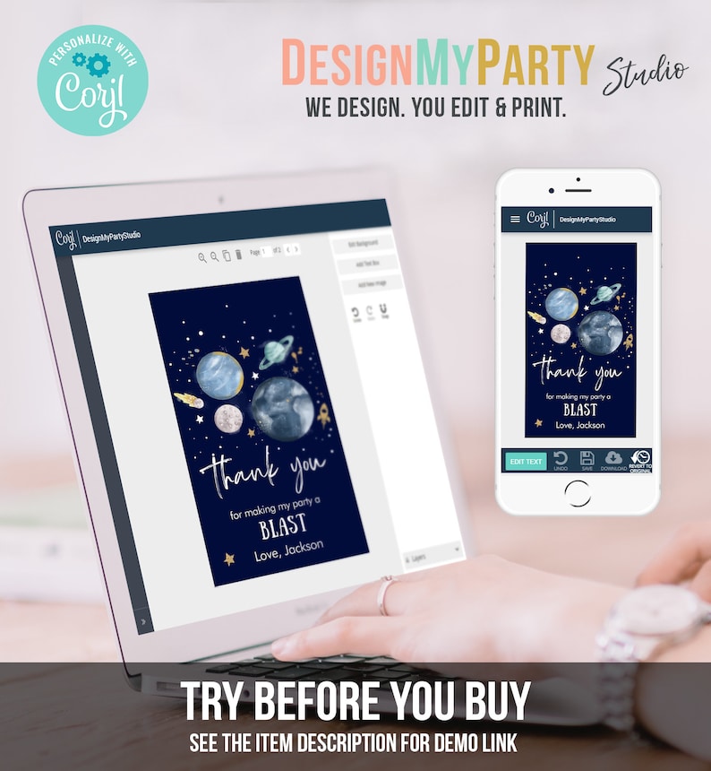 May include: A digital mockup of a thank you card with a space theme. The card features a dark blue background with planets, stars, and a gold glitter design. The text on the card reads "Thank you for making my party a BLAST. Love, Jackson."