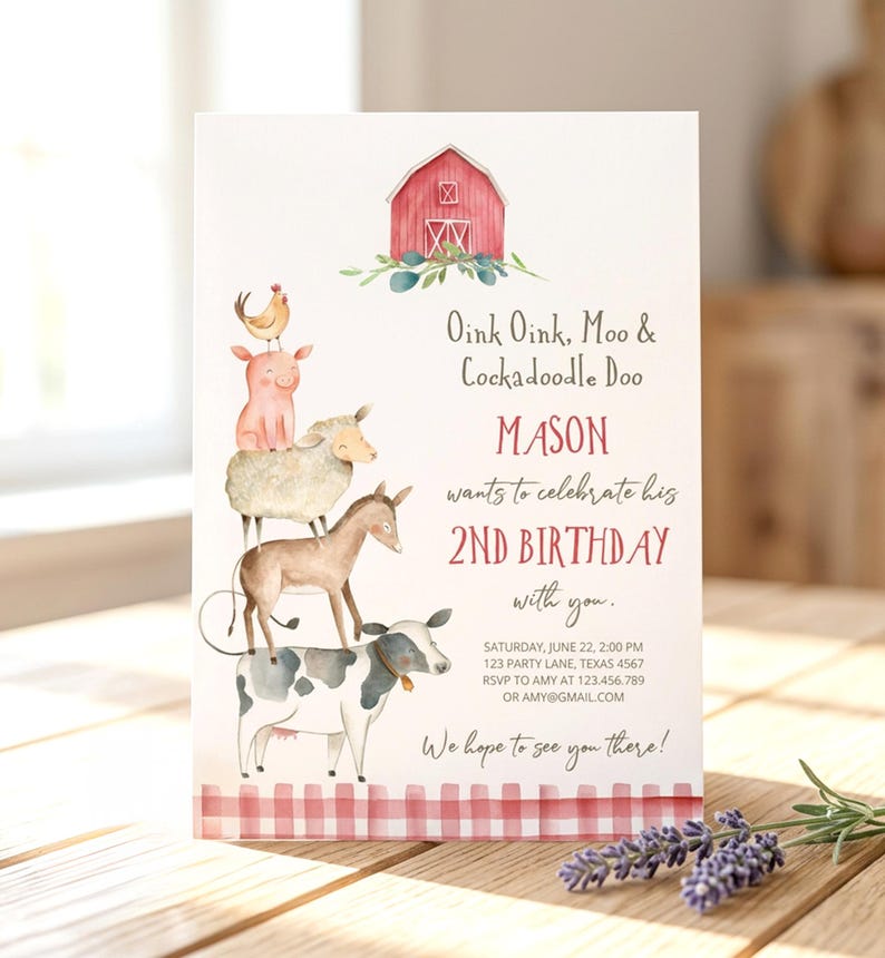 May include: A white birthday invitation card featuring a watercolor illustration of a red barn and a stack of farm animals including a cow, donkey, sheep, pig, and chicken. The text reads Oink Oink, Moo & Cockadoodle Doo, MASON, 2ND BIRTHDAY.