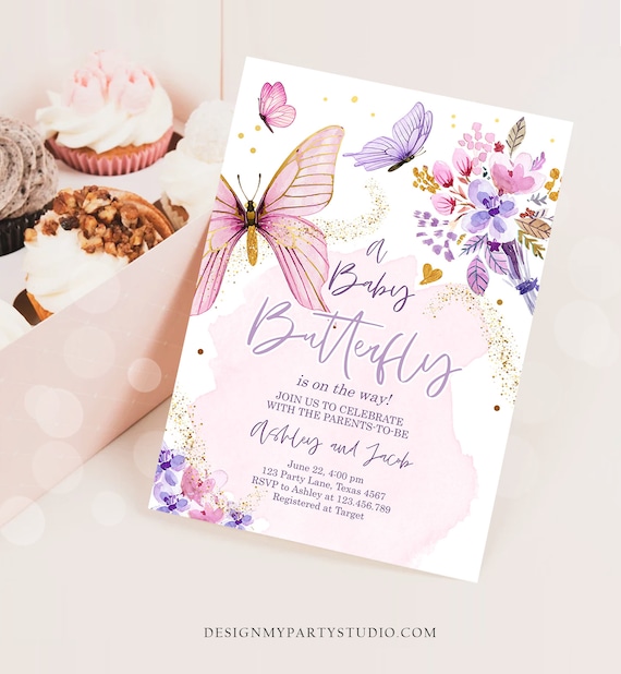 Editable Butterfly Baby Shower Invitation Purple Butterfly on The Way Floral Pink Gold Girl Digital Download Evite Template Printable 0437