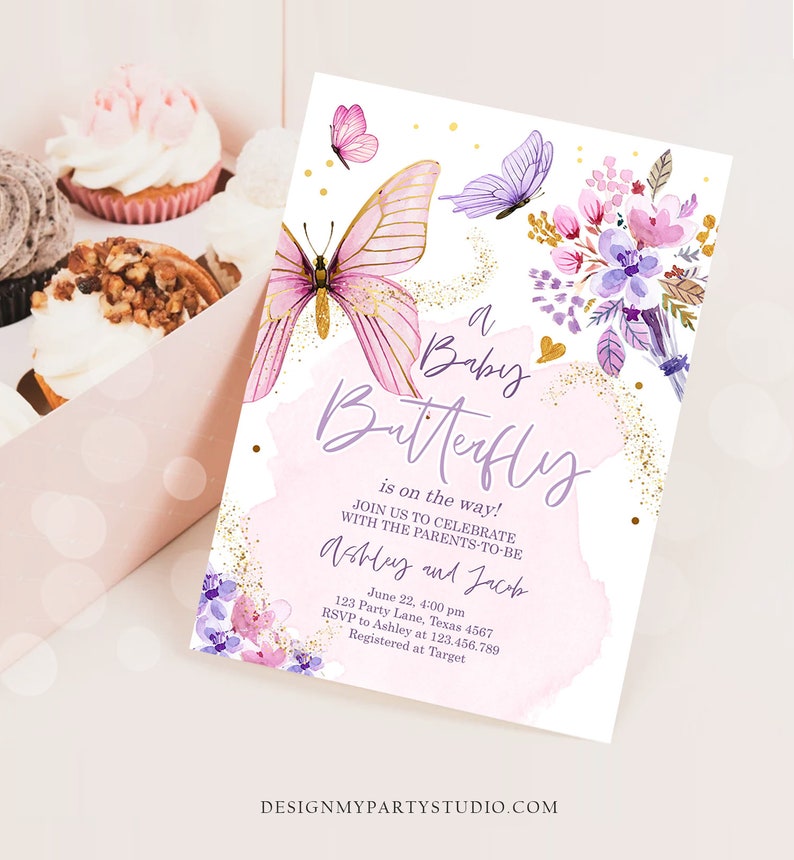 May include: A pink and purple baby shower invitation with a watercolor butterfly design. The text reads "A Baby Butterfly is on the way!" and includes the names "Ashley and Jacob", the date and time of the event, and the location.