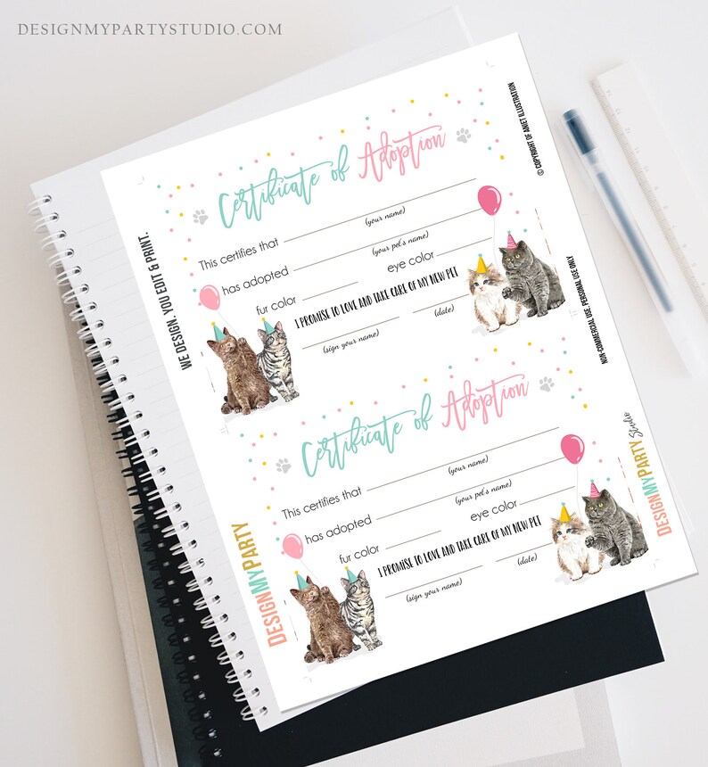 May include: Printable certificate of adoption for a cat. The certificate has a pink and blue color scheme with confetti and paw prints. It includes spaces to fill in the cat's name, fur color, eye color, and the adopter's name and signature.