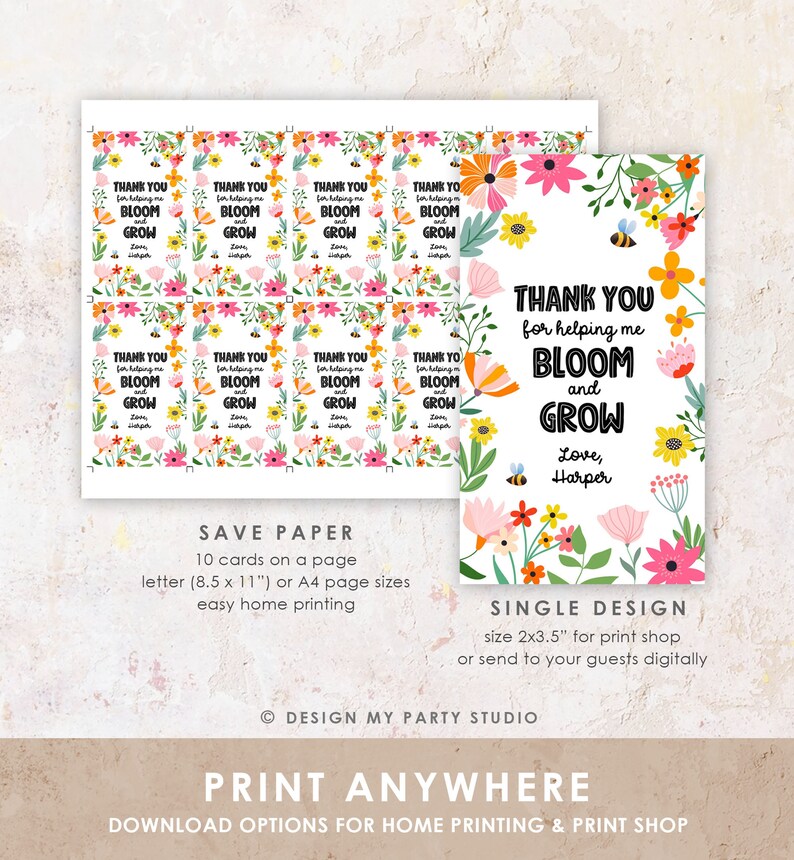 May include: Printable thank you cards with a floral design and the text "Thank you for helping me bloom and grow, Love, Harper". The cards are designed to be printed on letter or A4 size paper and can be used for a variety of occasions.