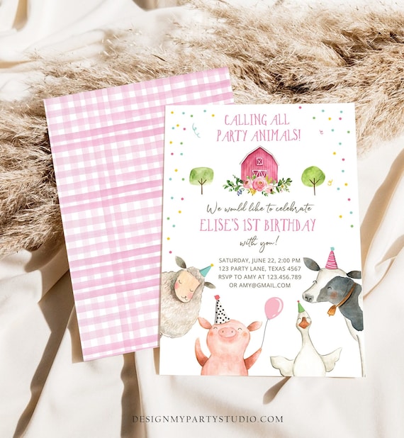 Editable Farm Animals Birthday Invitation Girl Farm Barnyard First Birthday Party Animals Confetti Download Corjl Template Printable 0155 Il_570xn
