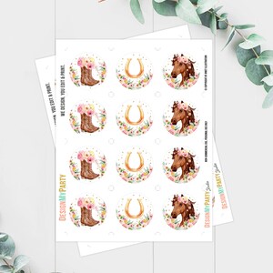 May include: A sheet of printable stickers featuring a horse, horseshoe, and cowboy boots with floral accents. The stickers are designed for personal use only.