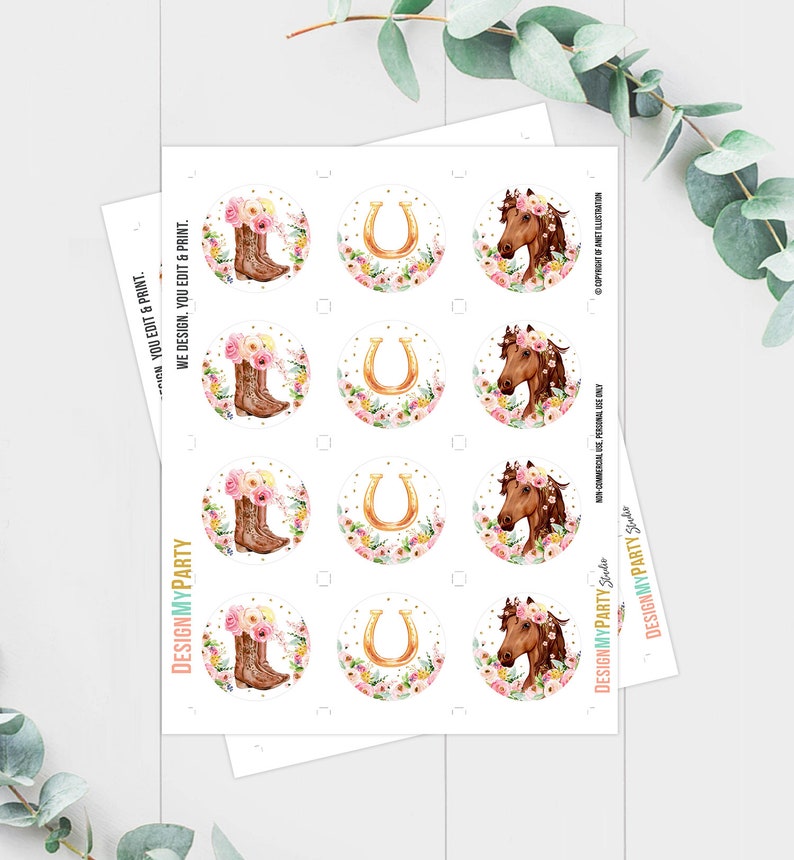 May include: A sheet of printable stickers featuring a horse, horseshoe, and cowboy boots with floral accents. The stickers are designed for personal use only.