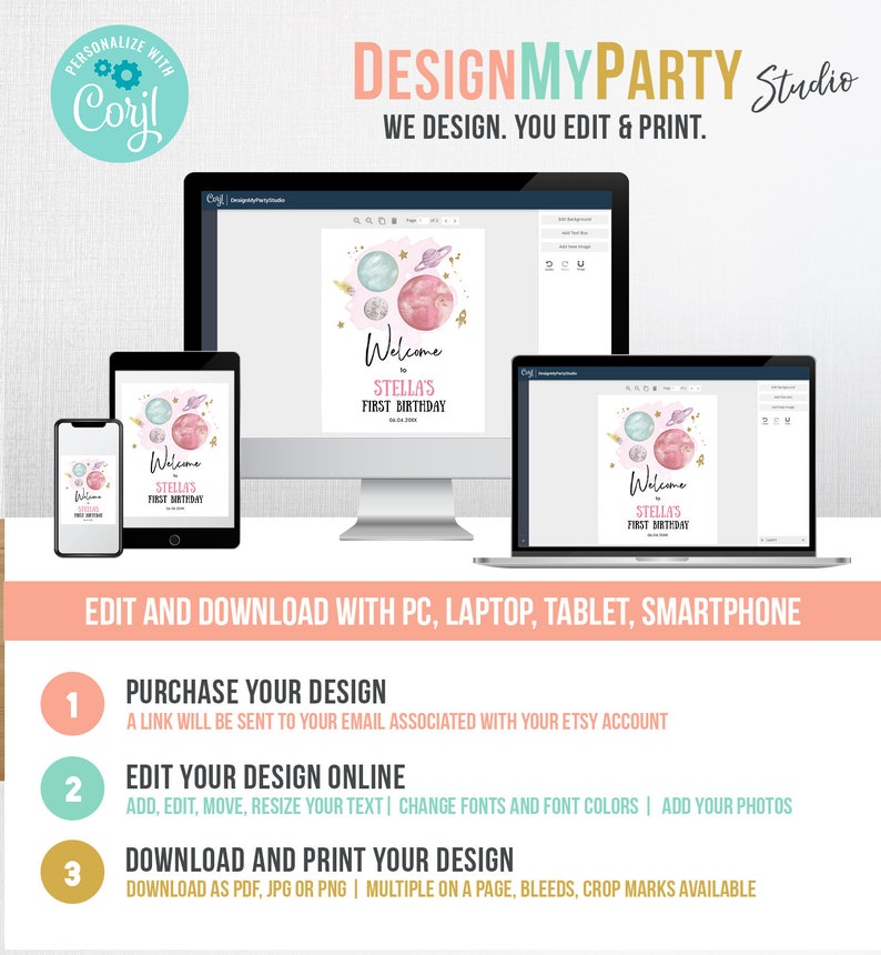 May include: A digital design template for a welcome sign for a first birthday party. The design features a pink and blue watercolor galaxy with stars and planets. The text on the sign reads "Welcome to Stella's First Birthday".