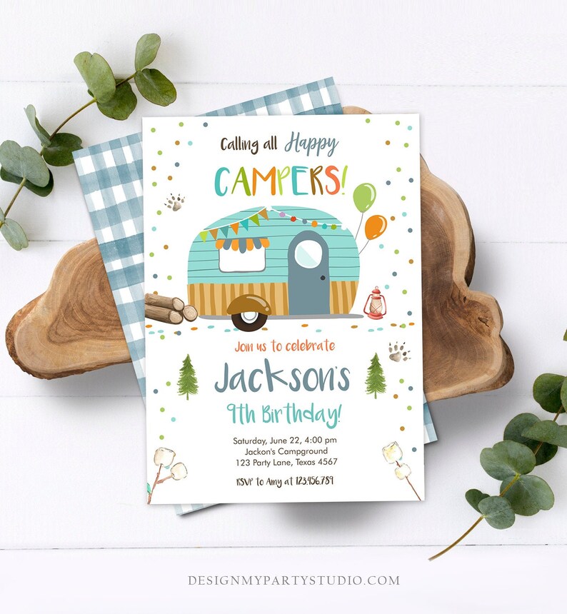 May include: A colorful invitation for a 9th birthday party with a cartoon camper van, trees, and the text "Calling all Happy Campers!" and "Join us to celebrate Jackson's 9th Birthday!"