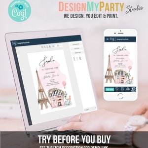 Pode incluir: Um convite digital rosa e branco com uma ilustra&ccedil;&atilde;o em aquarela da Torre Eiffel e uma padaria parisiense. O texto diz "Sophie est&aacute; fazendo um ano".