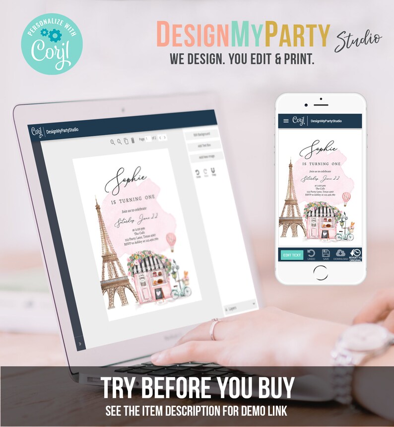 Pode incluir: Um convite digital rosa e branco com uma ilustra&ccedil;&atilde;o em aquarela da Torre Eiffel e uma padaria parisiense. O texto diz "Sophie est&aacute; fazendo um ano".