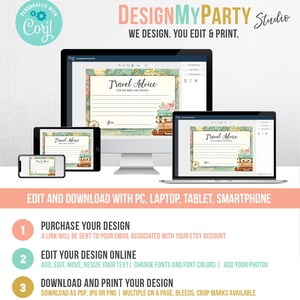 Pu&ograve; includere: Uno schermo di computer che mostra un design stampabile a tema viaggio per un matrimonio o un addio al nubilato. Il design presenta una mappa, valigie e il testo "Consigli di viaggio per la sposa e lo sposo". Lo schermo &egrave; circondato da altri dispositivi, tra cui un laptop, un tablet e uno smartphone, tutti che mostrano lo stesso design. Il testo "DESIGNMYPARTY Studio" &egrave; visualizzato nella parte superiore dell'immagine.