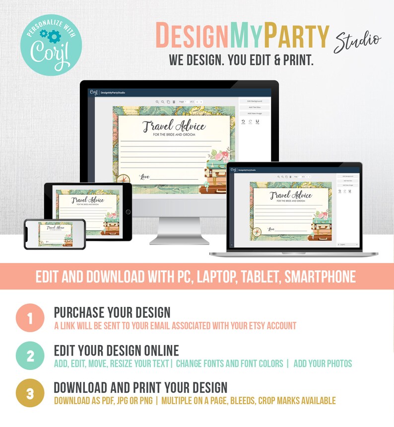 Pu&ograve; includere: Uno schermo di computer che mostra un design stampabile a tema viaggio per un matrimonio o un addio al nubilato. Il design presenta una mappa, valigie e il testo "Consigli di viaggio per la sposa e lo sposo". Lo schermo &egrave; circondato da altri dispositivi, tra cui un laptop, un tablet e uno smartphone, tutti che mostrano lo stesso design. Il testo "DESIGNMYPARTY Studio" &egrave; visualizzato nella parte superiore dell'immagine.