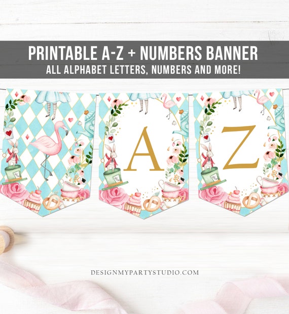 Alice in Wonderland Alphabet Banner A-Z Numbers Banner First Happy Birthday Onederland Girl Blue Pink Tea Party Shower Decor Printable 0350 Il_570xn