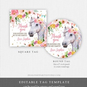 Puede incluir: Etiquetas cuadradas y redondas para recuerdos de fiesta con una ilustraci&oacute;n de caballo en acuarela. Las etiquetas presentan acentos florales, confeti dorado y el texto "&iexcl;Gracias por venir a mi fiesta! Love, Sophia."