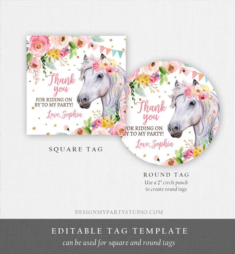 Puede incluir: Etiquetas cuadradas y redondas para recuerdos de fiesta con una ilustraci&oacute;n de caballo en acuarela. Las etiquetas presentan acentos florales, confeti dorado y el texto "&iexcl;Gracias por venir a mi fiesta! Love, Sophia."
