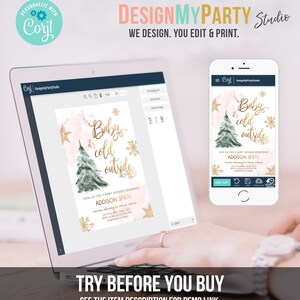 May include: A laptop and a smartphone displaying a digital baby shower invitation template with the text Baby it's cold outside, a watercolour pine tree, gold snowflakes, and pink accents. The screen shows the DesignMyPartyStudio interface.